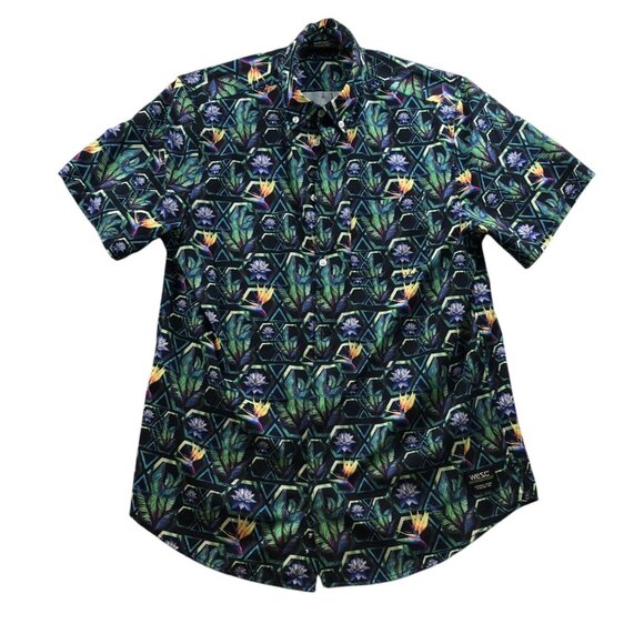 WESC Men's Hawaiian Shirt Large Short Sleeve Button Up Black Tropical Floral Y2K - Picture 1 of 10